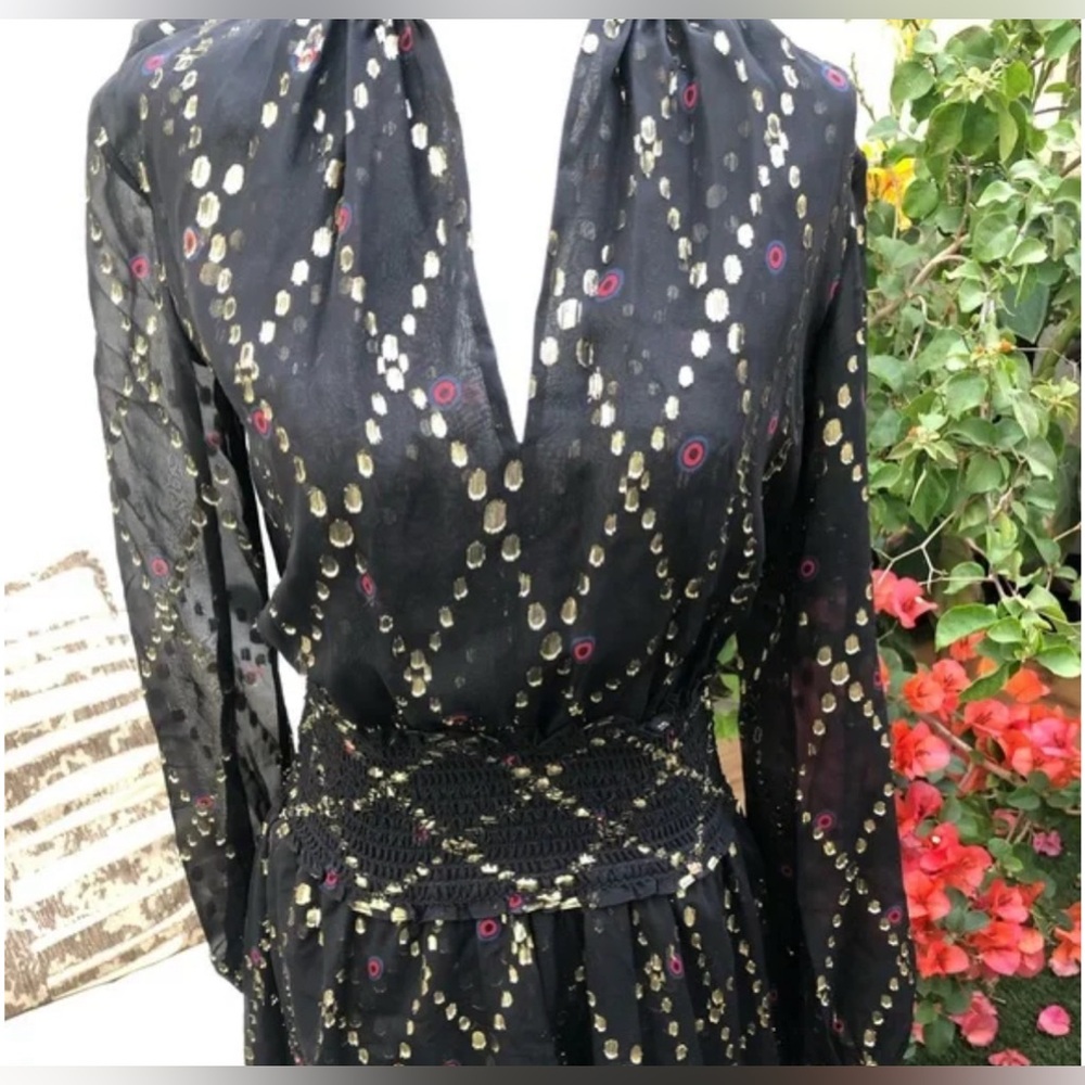 A.L.C. Tula Split Neck Long Sleeve Silk Metallic Midi Dress size 4 - Picture 2 of 6